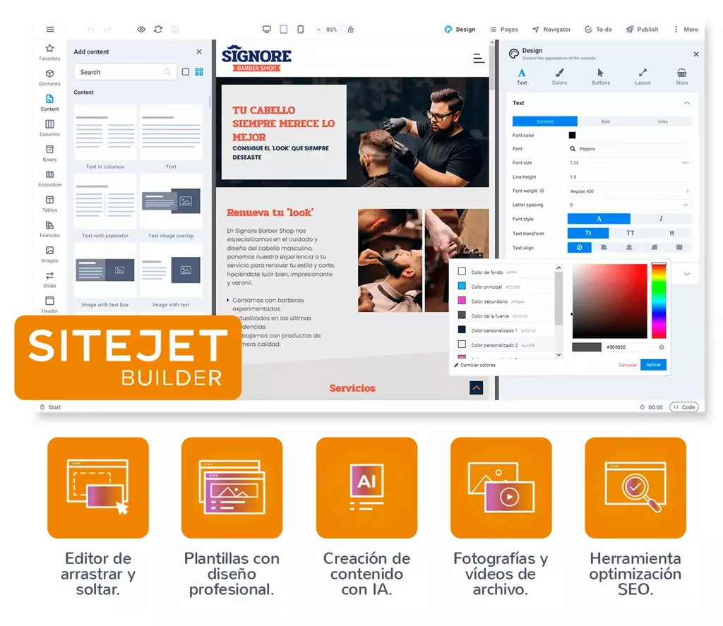 Sitejet Builder, con editor de arrastrar y soltar, más de 140 plantillas profesionales listas para usar, creción de contenido IA y más.